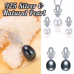 NWT 925 ST SILVER NATURAL PEARL CROWN PENDANT & EARRING JEWELRY SETS